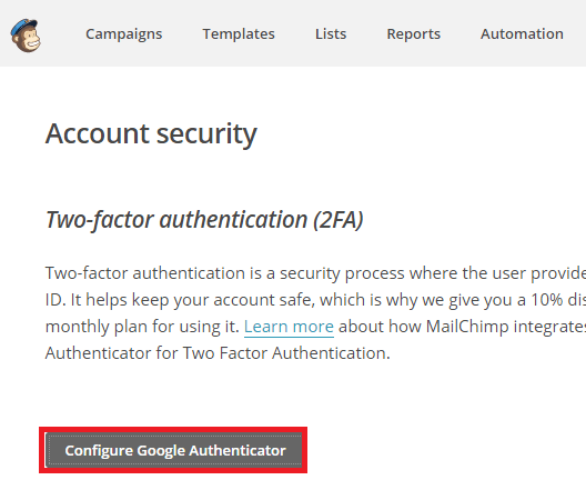 mailchimp google authenticator backup code