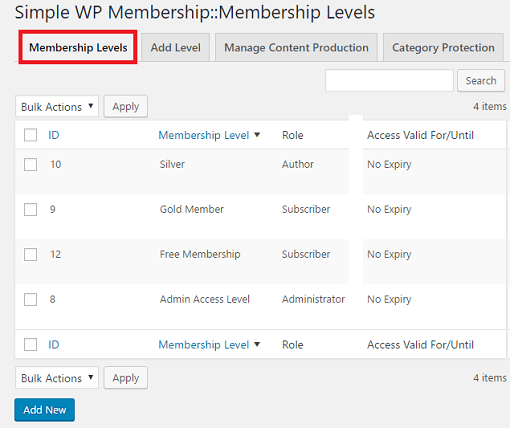 wordpress-simple-membership-level-settings-different-levels