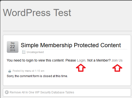 wordpress-simple-membership-protected-post-frontpage-message