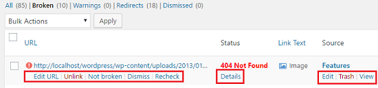 wordpress-broken-links-found-options-menu