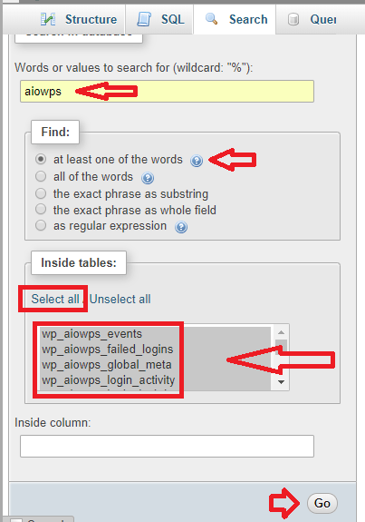 search-all-in-one-wp-security-firewall-phpmyadmin-options-table