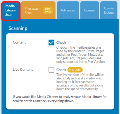 Media cleaner admin media library scan tab
