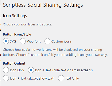 WordPress scriptless social sharing plugin icon settings
