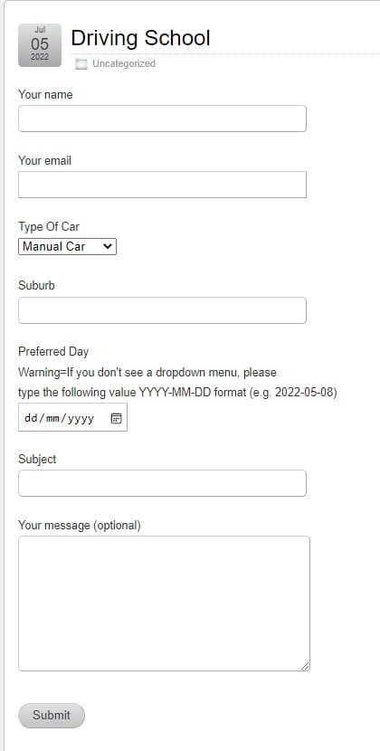 wp-contact-form-7-driving-school-form-displayed